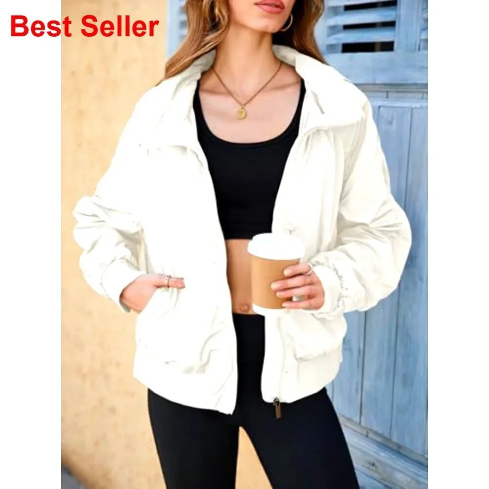 Windbreaker Crop Jacket with Hidden Hood and Pockets